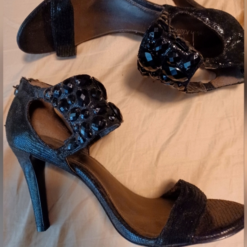 Calvin Klein Ankle Wrap Open-toed Black Heels, size 8